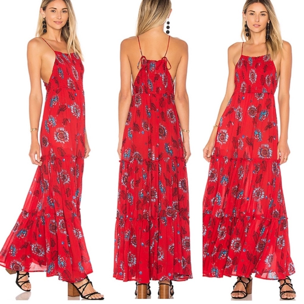 Free People Garden Party Maxi Dress Floral Red Combo Small Boho Ruffle